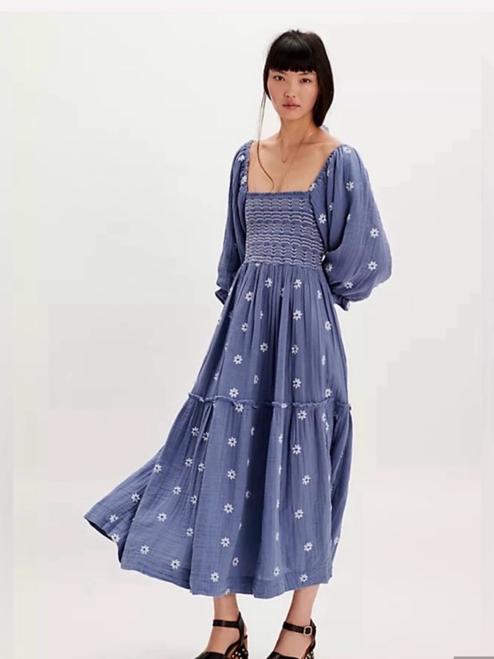 Free People Smocked Square-Neck Midi Dress Dahlia with Floral Embroidery